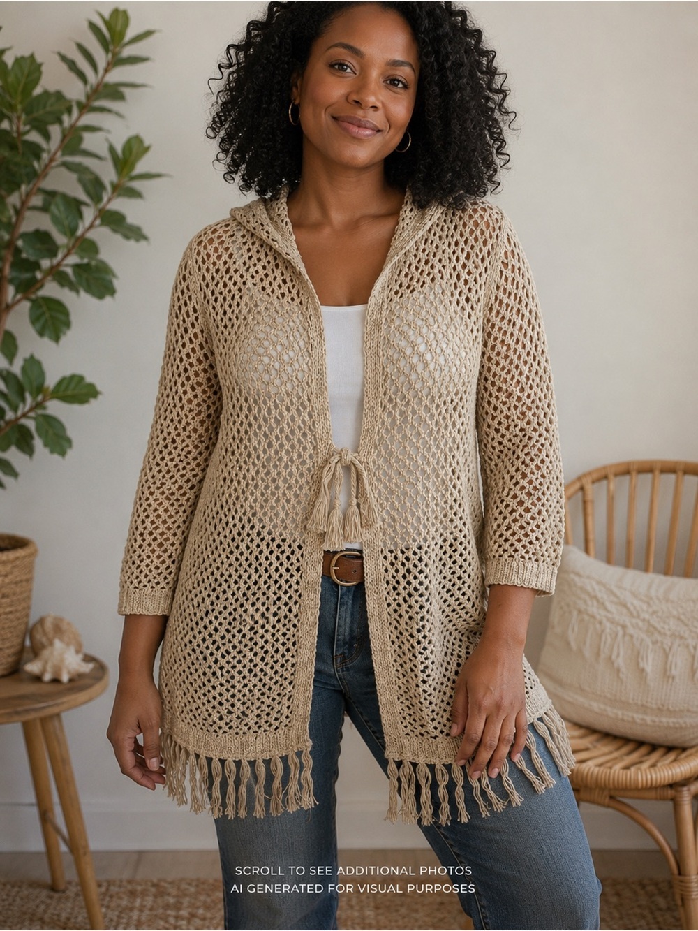 J. Jill Cardigan Size S Cream Open-Knit Fringe Hooded Cardigan
